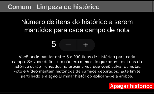 Limpeza de histórico compartilhada: quantos itens ficam por campo e Excluir histórico