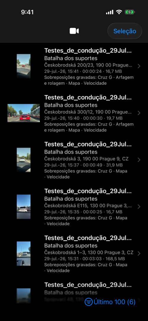 Biblioteca de vídeos com gravações guardadas, miniaturas, metadados e sobreposições gravadas
