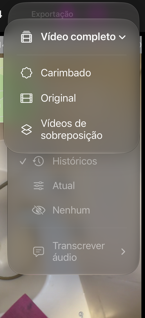 O menu “Vídeo completo” de uma gravação salva, com “Carimbado”, “Original” e “Vídeos de sobreposição”