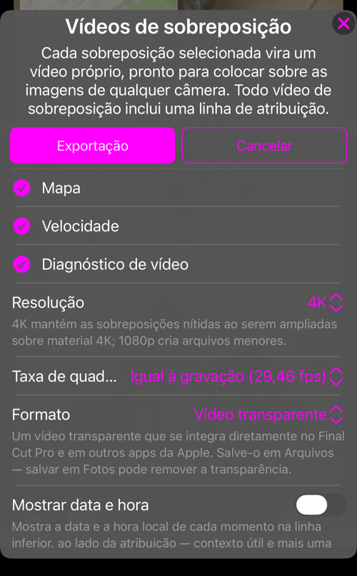 Opções dos vídeos de sobreposição: as sobreposições disponíveis nesta gravação, todas marcadas, e a linha “Resolução”