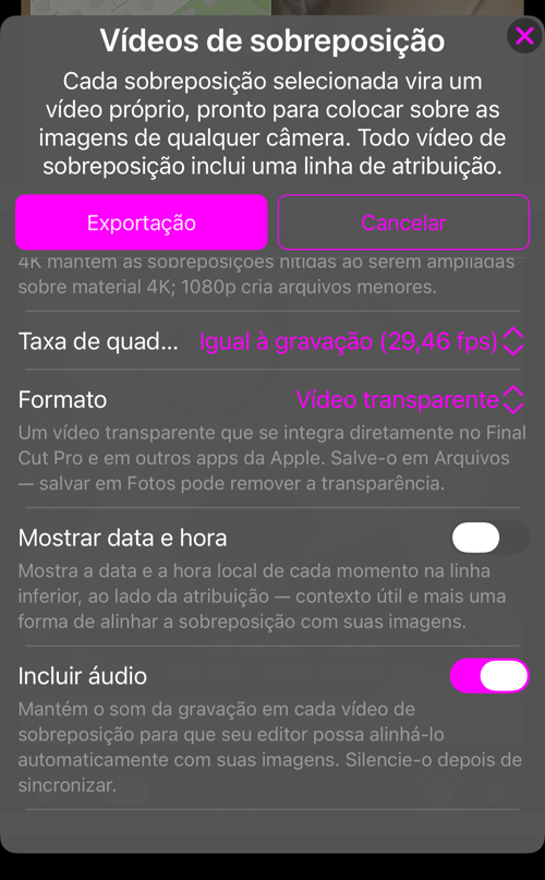 As demais opções: “Taxa de quadros”, “Formato” com sua explicação, “Mostrar data e hora” e “Incluir áudio”