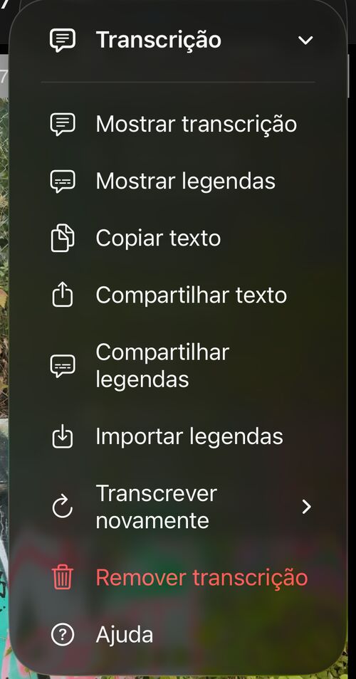 Menu Transcrição com Mostrar transcrição, Mostrar legendas, Copiar texto, Compartilhar texto, Compartilhar legendas, Importar legendas, Transcrever novamente, Remover transcrição e Ajuda