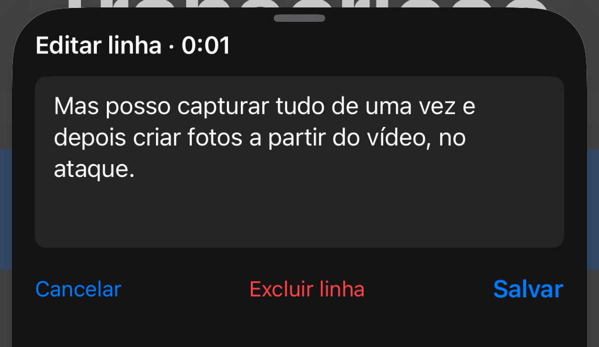 Editor de linha com o texto corrigido e as ações Cancelar, Excluir linha e Salvar