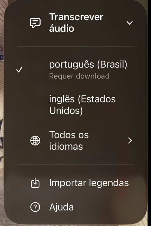 Lista de idiomas de transcrição começando pelos idiomas do usuário, seguida de Todos os idiomas, Importar legendas e Ajuda