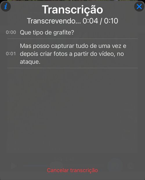 Transcrição em andamento: as linhas reconhecidas aparecem no painel, o progresso é mostrado em relação à duração do vídeo e abaixo a ação Cancelar transcrição