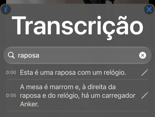 A busca por raposa mostra duas linhas correspondentes da transcrição com seus tempos originais e lápis de edição