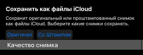Строка «Сохранить в файлы iCloud» со своим выбором «Оригинал» и «со штампом»