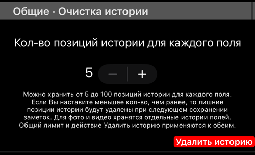 Общая очистка истории: сколько позиций хранится для каждого поля и кнопка «Удалить историю»