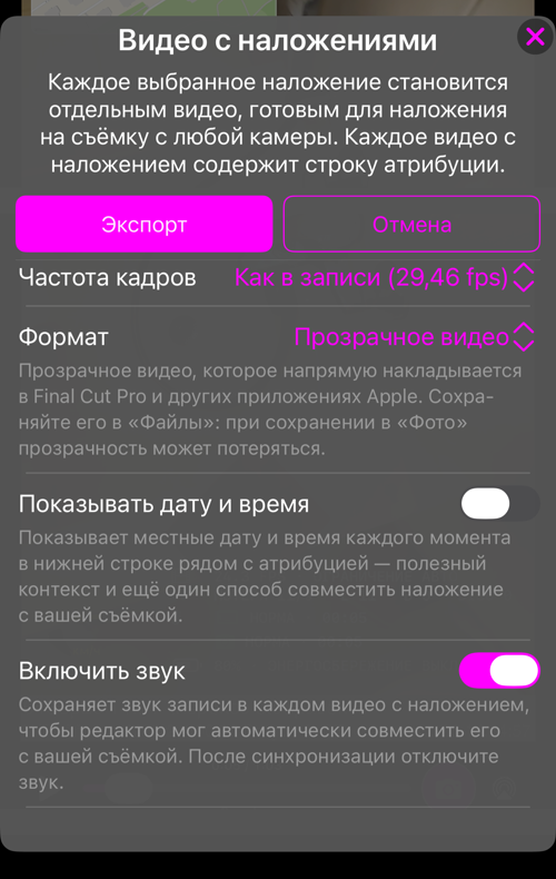 Остальные параметры: «Частота кадров», «Формат» с пояснением, «Показывать дату и время» и «Включить звук»