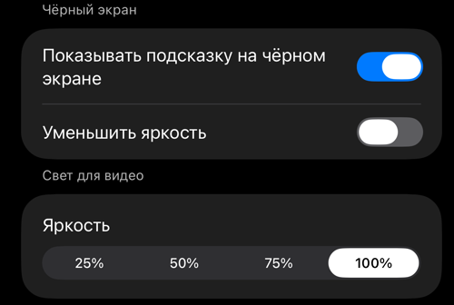 Настройки управления видоискателем: разделы «Чёрный экран» и «Свет для видео»