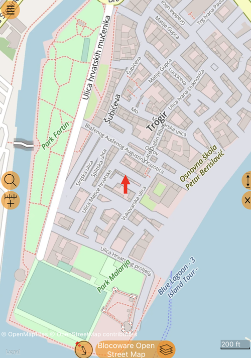 Экран карты с Blocoware Open Street Map: улицы, тропы, парки и названия мест, строка атрибуции и название источника внизу