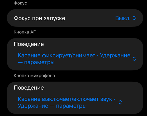 Настройки управления видоискателем: разделы «Фокус», «Кнопка AF» и «Кнопка микрофона»