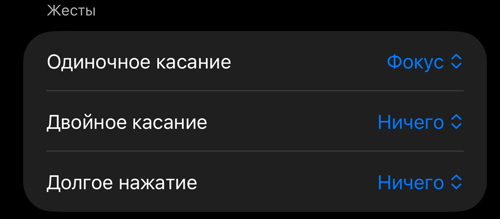 Настройки управления видоискателем: раздел «Жесты» с пунктами «Одиночное касание», «Двойное касание» и «Долгое нажатие»