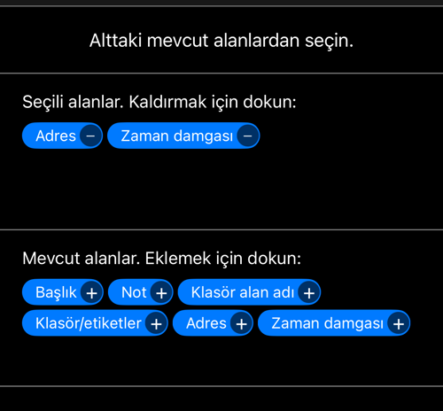 Satır düzenleyici: seçili alanlar Adres ve Zaman damgası, altta altı mevcut alan