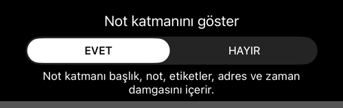 «Not katmanını göster» EVET konumunda, altında altı alanı sayan satır