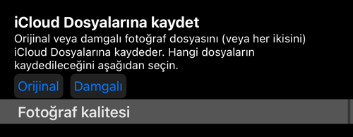 «iCloud Files&rsquo;a kaydet» satırı, kendi Orijinal ve damgalı seçimiyle