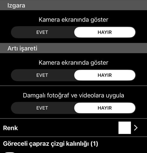 Izgara ve Artı bölümleri: kamera ekranında gösterme, damgalı fotoğraf ve videolara uygulama, renk ve çizgi kalınlığı