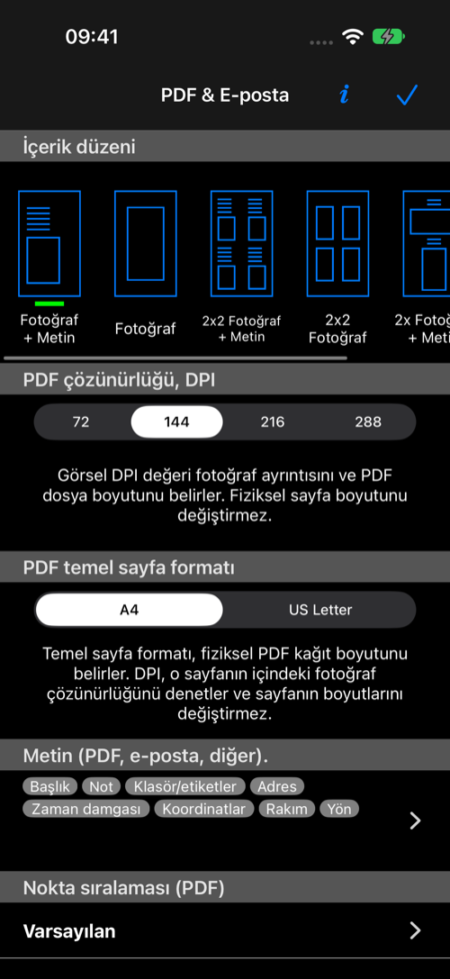 Düzen, DPI, kâğıt, metin alanları ve nokta sırasını gösteren PDF ve E-posta ayarları
