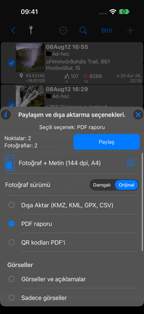 Düzen önizlemesi, kâğıt, DPI ve ayarlar düğmesi içeren PDF raporu seçeneği
