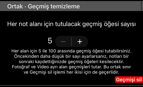 Ortak geçmiş temizliği: her alan için tutulan öğe sayısı ve Geçmişi sil