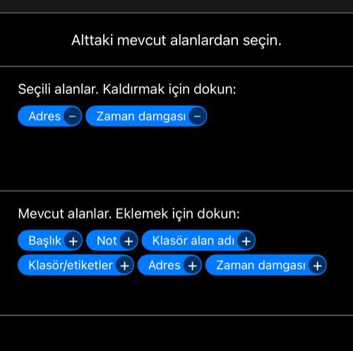 Seçili ve kullanılabilir alanları gösteren güncel satır düzenleyici