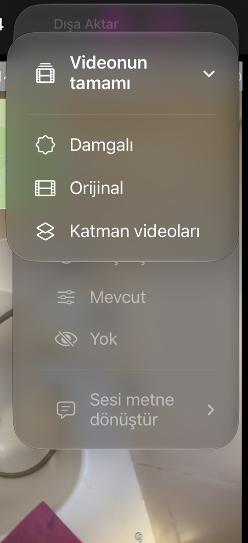 Kayıtlı bir videonun “Videonun tamamı” menüsü: “Damgalı”, “Orijinal” ve “Katman videoları”
