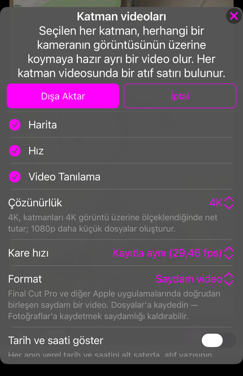 Katman videoları seçenekleri: bu kayıtta bulunan katmanlar, hepsi seçili, ve “Çözünürlük” satırı