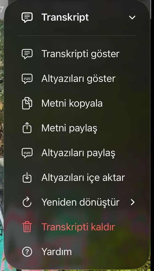 Transkripti göster, Altyazıları göster, Metni kopyala, Metni paylaş, Altyazıları paylaş, Altyazıları içe aktar, Yeniden transkribe et, Transkripti kaldır ve Yardım girişlerini içeren Transkript menüsü