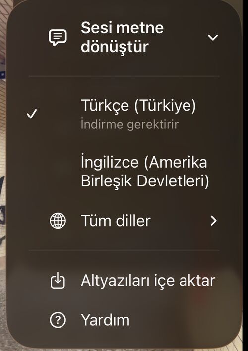 Önce kendi dillerinizle başlayan, ardından Tüm diller, Altyazıları içe aktar ve Yardım gelen transkripsiyon dili listesi