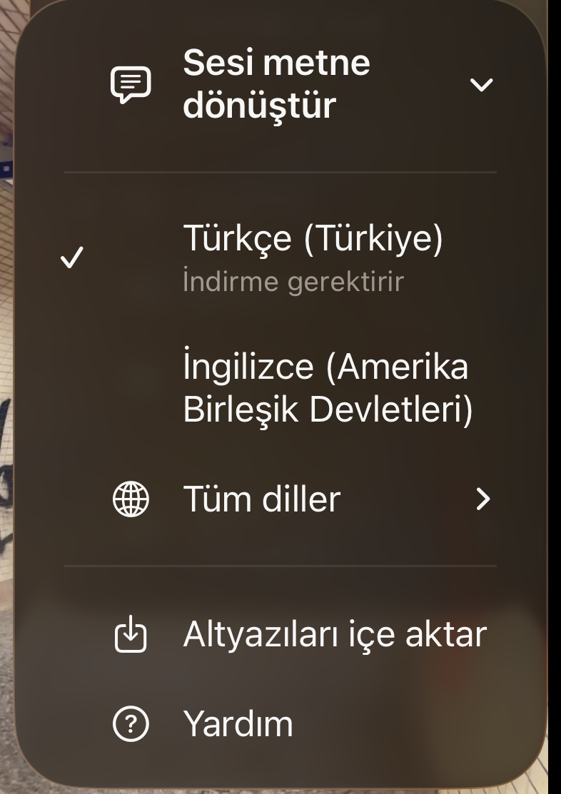 Önce kendi dillerinizle başlayan, ardından Tüm diller, Altyazıları içe aktar ve Yardım gelen transkripsiyon dili listesi