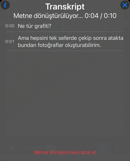 Süren transkripsiyon: tanınan satırlar panelde belirir, ilerleme videonun süresine göre gösterilir, altta Transkripsiyonu iptal et eylemi