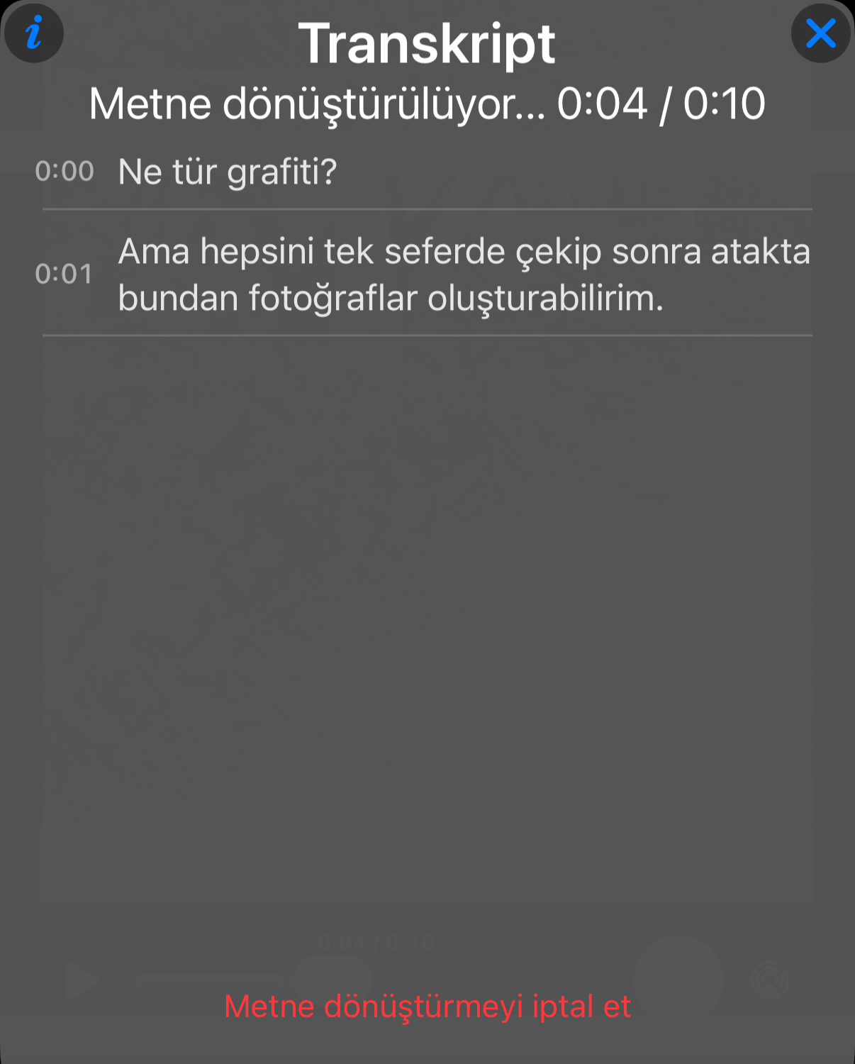 Süren transkripsiyon: tanınan satırlar panelde belirir, ilerleme videonun süresine göre gösterilir, altta Transkripsiyonu iptal et eylemi