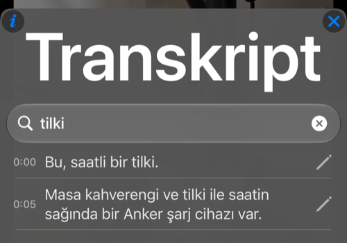 Tilki araması, özgün zamanları ve düzenleme kalemleriyle birlikte eşleşen iki transkript satırını gösterir
