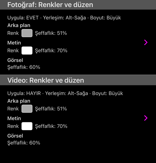 Fotoğraf ve Video, her biri kendi Uygula, Yerleşim ve Boyut özetiyle