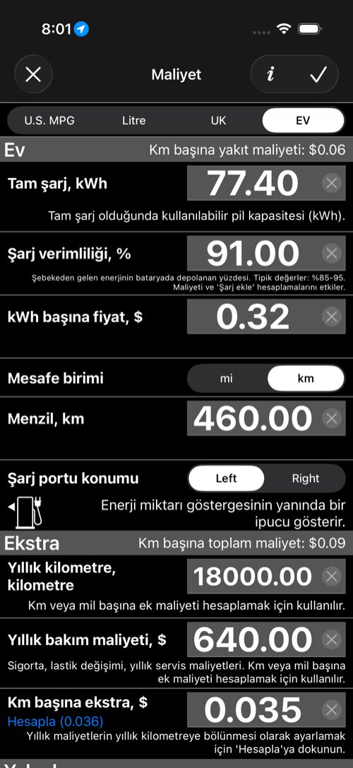 EV maliyet ayarları ekranı