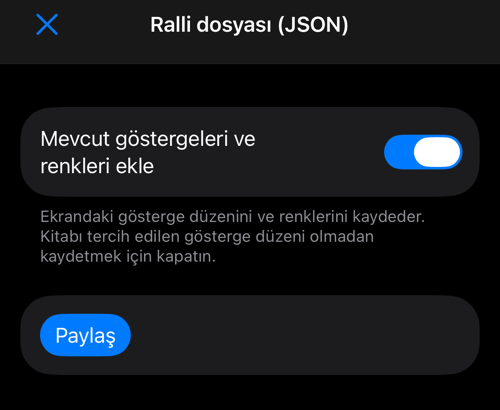 Gösterge seçeneği ve Paylaş düğmesiyle JSON dışa aktarma