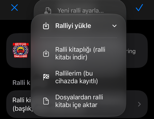 Kütüphane, kayıtlı ralliler ve Dosyalar için yükleme menüsü