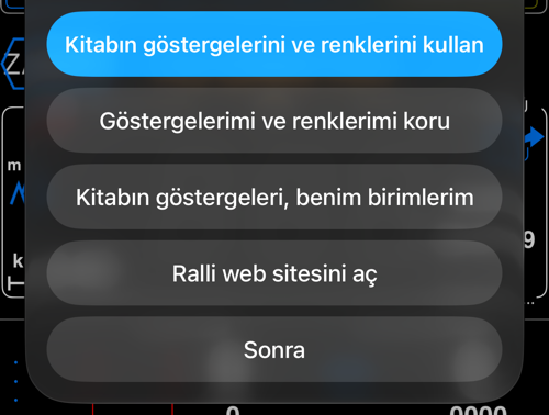 Gösterge, renk ve birim seçenekleriyle yüklenmiş ralli kitabı