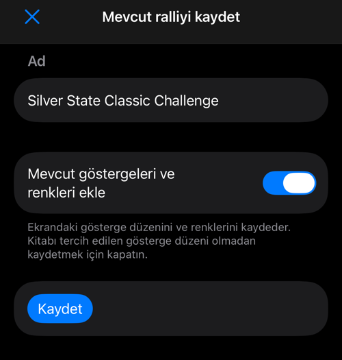 Ad, göstergeler ve renkler seçeneğiyle ralli kaydetme formu