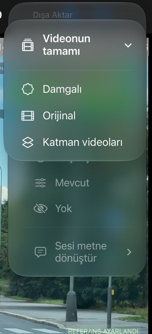 Kayıtlı bir videonun “Videonun tamamı” menüsü: “Damgalı”, “Orijinal” ve “Katman videoları”