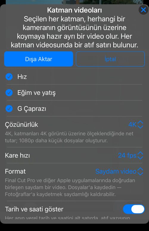 Katman videoları seçenekleri: bu kayıtta bulunan katmanlar, hepsi seçili, ve “Çözünürlük” satırı