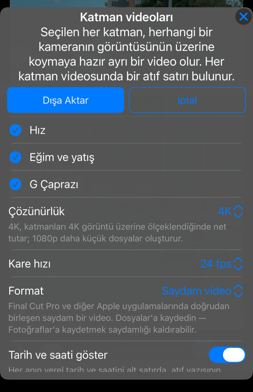 Katman videoları seçenekleri: bu kayıtta bulunan katmanlar, hepsi seçili, ve “Çözünürlük” satırı
