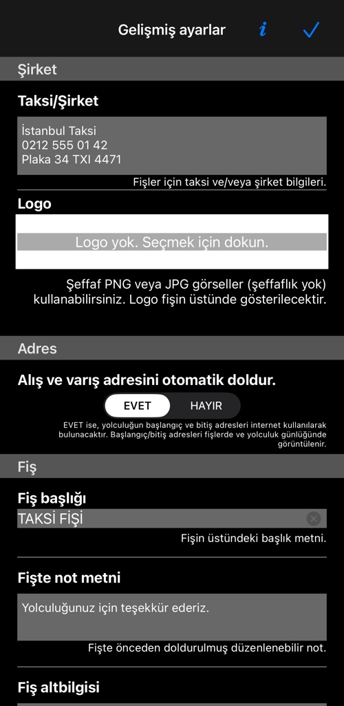 Gelişmiş ayarların üstü: firma bloğu, logo ve adres anahtarı