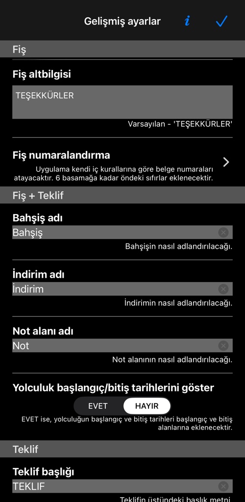 Fiş bölümü: başlık, her fişin başladığı not, sabit alt satır ve numaralandırma