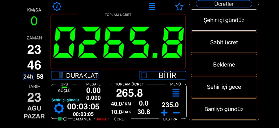 Yatay yönlendirmede taksimetre ana ekranı — ortada toplam ücret, sağda ücret geçiş paneli