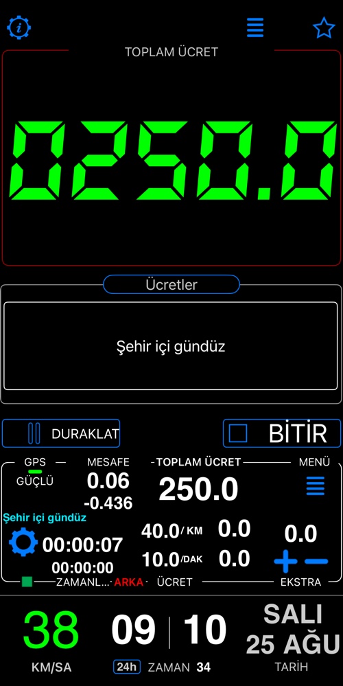 Yolculuğun başında pano, ücretlendirilen mesafe negatif