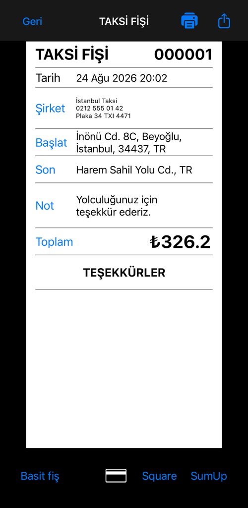 Başlık, firma bloğu, alış ve varış adresleri, not ve toplam içeren basit taksi fişi
