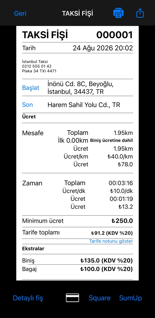 Ayrıntılı fişin üst kısmı: başlık, firma, başlangıç ve bitiş, ücret dökümünün başlangıcı