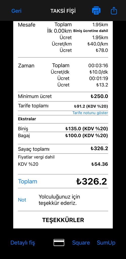 Ayrıntılı fişin orta kısmı: mesafe ücreti, süre ücreti, ücret toplamı ve ekstralar listesi