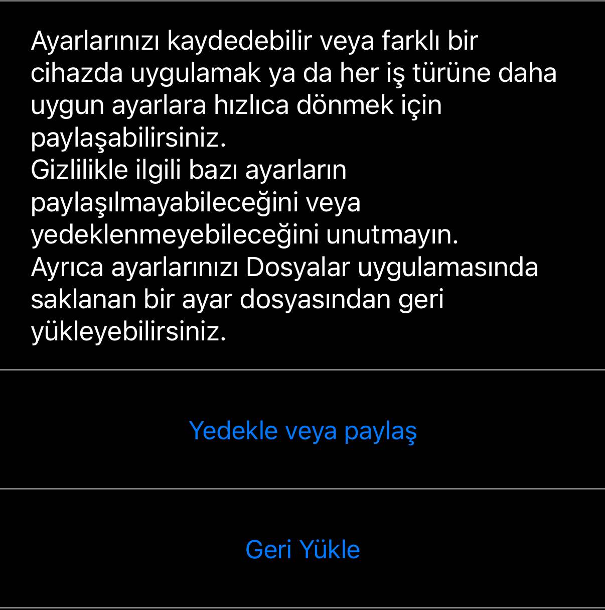 Uygulama ayarlarını yönet: açıklama, altında «Yedekle veya paylaş» ve «Geri Yükle»